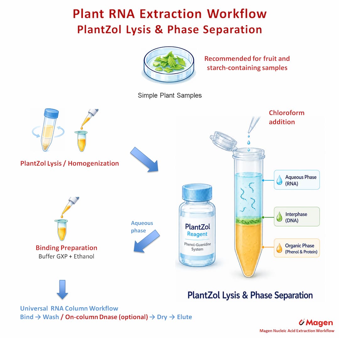 PlantZol-based fruit RNA extraction workflow showing PlantZol lysis and homogenization, chloroform phase separation, aqueous phase transfer, GXP and ethanol binding preparation, optional on-column DNase digestion and universal column purification.